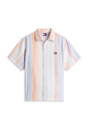 Kurzärmeliges Hemd mit Knopfleiste, vertikalen Streifen in Orange, Blau und Weiß sowie einem kleinen Tommy Jeans Logo auf der Brust.