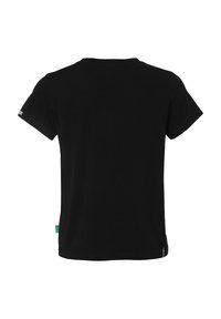 Zwarte t-shirt met een ronde hals en korte mouwen. Gemaakt van gladde katoenen stof. Heeft een label aan de onderkant aan de linkerkant.