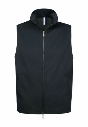 Zwart mouwloos vest met hoge kraag, ritssluiting aan de voorkant en twee zijzakken. Gemaakt van glad, waterafstotend materiaal.