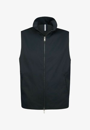 Zwart mouwloos vest met hoge kraag, ritssluiting aan de voorkant en twee zijzakken. Gemaakt van glad, waterafstotend materiaal.