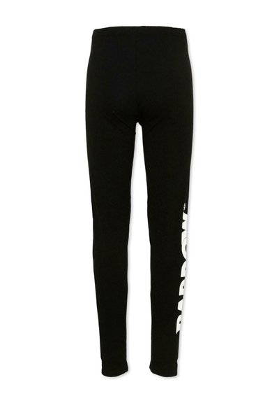 Leggings neri a figura intera con grande scritta bianca "BARROW" stampata verticalmente sulla gamba destra.
