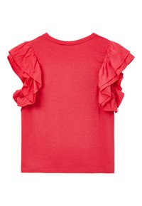 Camicia rossa a maniche corte con maniche arricciate, realizzata in tessuto morbido con una texture liscia. Collo rotondo, design posteriore semplice.