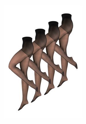 Fire par sorte transparente strømpebukser vist side om side med et ben let løftet, der viser tæer og linningens detaljer.