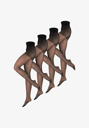 Vier paar zwarte doorzichtige panty's naast elkaar gelegd met één been iets opgetild, waarbij de tenen en details van de tailleband zichtbaar zijn.