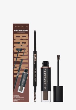 Il kit Ultimate Brow Essentials di Anastasia Beverly Hills include una matita per sopracciglia nera, un gel colorato in un contenitore cilindrico nero e un spoolie.