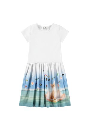 Rochie albă cu mânecă scurtă, având o fustă cu imprimeu grafic albastru, cu flori și o pisică pe valuri, realizată dintr-un material neted, cu talie ansamblată.