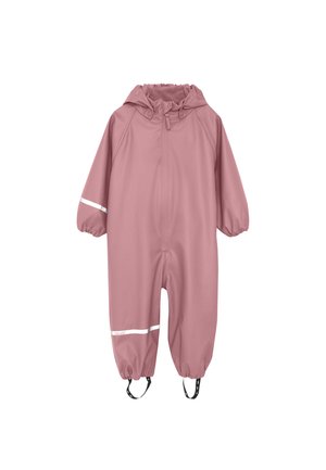 Kinder wasserdichter Einteiler in staubigem Rosa mit Kapuze, Frontreißverschluss, elastischen Bündchen, reflektierenden Streifen und verstellbaren Fußriemen.