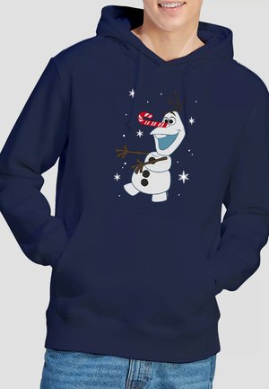 Navy hoodie made of soft fabric featuring a cartoon snowman with a candy cane nose, set against a backdrop of white snowflakes.