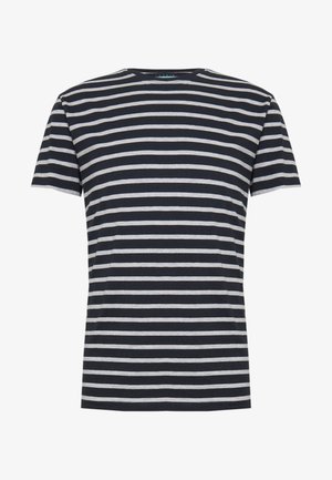 Kortærmet sort T-shirt med jævnt fordelte vandrette hvide striber, rund hals og lige kant.