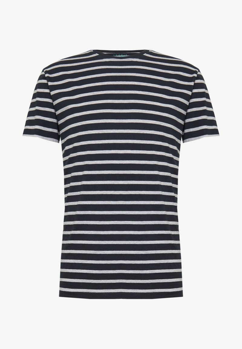 T-shirt nera a maniche corte con righe orizzontali bianche uniformemente distribuite, colletto rotondo e orlo dritto.