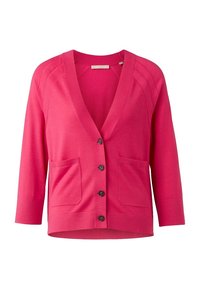 Roze cardigan met een V-hals, driekwart mouwen, twee voorzakken en zwarte knopen. Gemaakt van zachte, geweven stof.