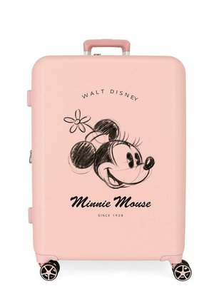 Maleta rosa con la cara de Minnie Mouse en estilo boceto, una flor en su cabeza y el texto "Walt Disney Minnie Mouse Desde 1928" en el frente.