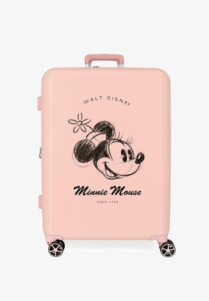Maleta rosa con la cara de Minnie Mouse en estilo boceto, una flor en su cabeza y el texto "Walt Disney Minnie Mouse Desde 1928" en el frente.