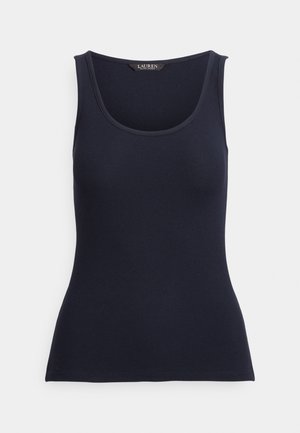 Marinblå ribbad linne med rund halsringning och smal passform, utrustad med tunna axelband och slät textur. Märke synligt vid halsringningen.