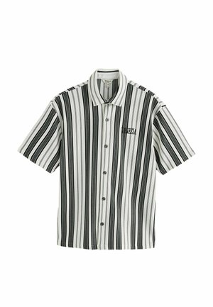 Short-sleeve button-up shirt with black and white vertical stripes and "VENEZIA" text on the left chest side.