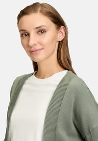 Vaaleanvihreä neuletakki, jossa on ribbikuviointi, avoin edestä, käytetty valkoisen paidan päällä, jolla on sileä pinta ja rento istuvuus.