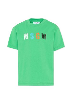 Groen T-shirt met korte mouwen met meerkleurige MSGM-letters in krabbelschrift gedrukt over de borst.