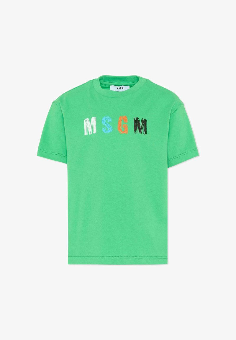 T-shirt vert à manches courtes avec des lettres MSGM multicolores imprimées sur la poitrine dans un style gribouillage.