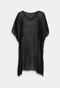 Black, sheer kaftan with a V-neck design. Features pom-pom accents along the sides and draping short sleeves. Lightweight fabric.