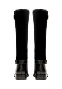 Black knee-high boots made of suede with smooth leather accents, featuring a gold buckle detail near the ankle and a stacked heel.