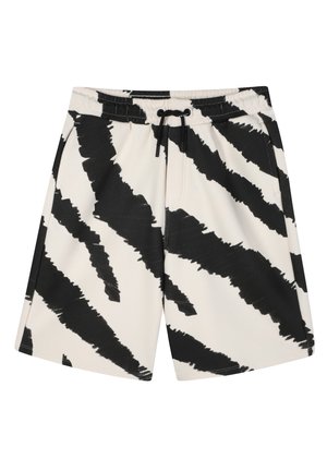 Black and white tie-dye print swim shorts with an elastic waistband, drawstring closure, and side pockets. Smooth fabric texture.