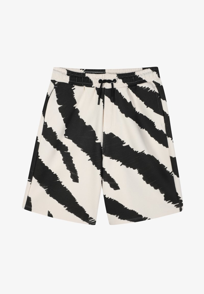 Black and white tie-dye print swim shorts with an elastic waistband, drawstring closure, and side pockets. Smooth fabric texture.