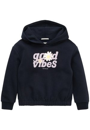 Sweat à capuche bleu marine avec le texte "good vibes" en rose clair agrémenté de motifs floraux. Poignets et ourlet côtelés, tissu doux. Conception à capuche avec une coupe décontractée.