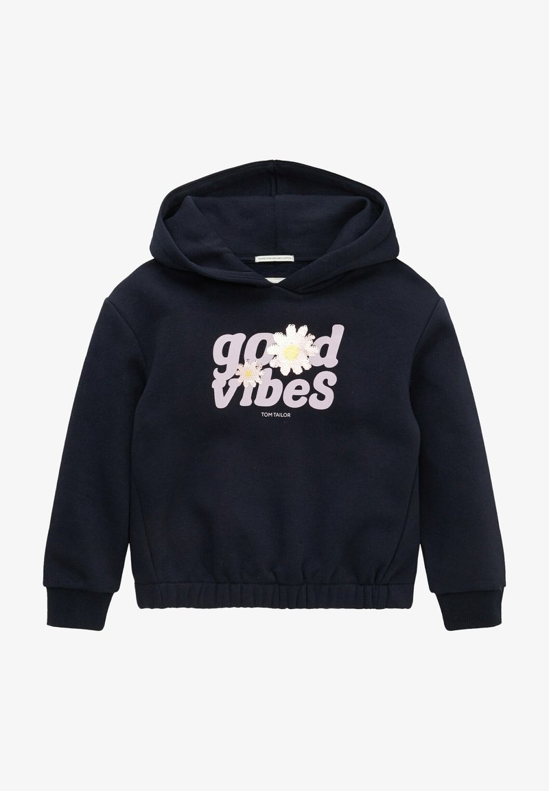 Sweat à capuche bleu marine avec le texte "good vibes" en rose clair agrémenté de motifs floraux. Poignets et ourlet côtelés, tissu doux. Conception à capuche avec une coupe décontractée.