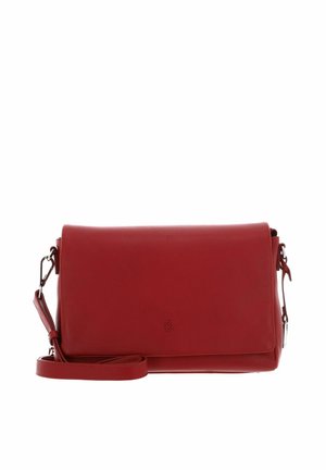 Red leather crossbody bag with a smooth texture, flap closure, adjustable strap, and subtle brand emblem on the front.