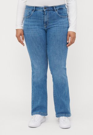 Blue denim flared jeans with a mid-rise fit, featuring five pockets, stitched detailing, and a classic button-and-zip fly closure.