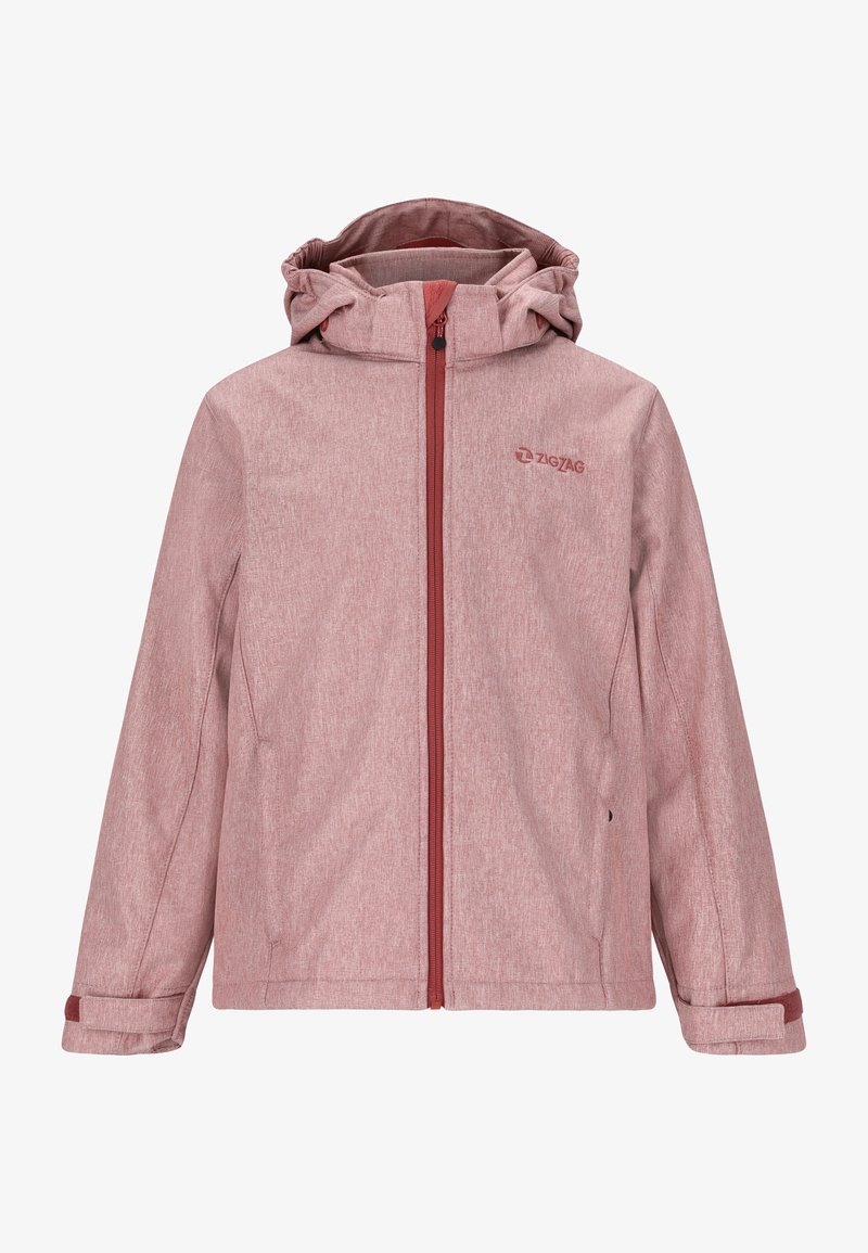 Rød tekstureret jakke med hætte, fuld frontlynlås og elastiske manchetter. Har zigzag-logo på brystet og lagdelt stofdesign.