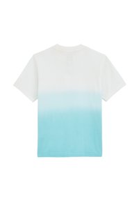 Īsām piedurknēm balta t-kreklu ar gradientu ombre efektu, kas beidzas ar tirkīza krāsu apakšā. Kokvilnas materiāls ar apaļu kakla izgriezumu.