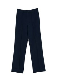 Pantalons droits noirs avec une fermeture à bouton et à glissière, des passants de ceinture et des plis avant.