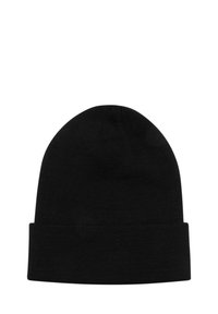 Cappello beanie nero in maglia, con risvolto e tessuto testurizzato, forma classica, adatto per un look casual.