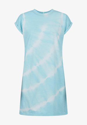 Svetlo modra tie-dye obleka z kratkimi zvitimi rokavi, okroglo izrezano in sproščenega kroja. Narejena iz mehke bombažne tkanine, z valovitim vzorcem.