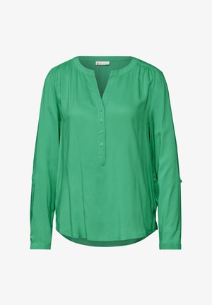 Grøn langærmet bluse i let stof med V-udskæring, knaplukning og afslappet pasform med sammensyninger ved skuldrene.