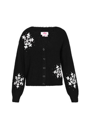 Mustahuivi, jossa on V-pääntie, valkoisia lumihiutaleita hihoissa ja edessä, seitsemän mustaa nappia ja pehmeä teksturoitu materiaali.