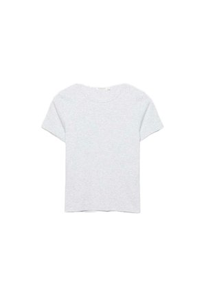 Hellgraues T-Shirt mit kurzen Ärmeln und Rundhalsausschnitt, flach auf weißem Hintergrund liegend, Vorderansicht.