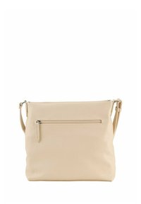 Beige Crossbody-Tasche aus Kunstleder mit glatter Oberfläche, einem Reißverschluss-Vordertasche und verstellbarem Riemen. Schlichte rechteckige Form.