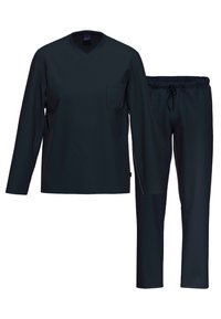 Mørkeblå skrubbe-sæt med en langærmet V-udskæring top med brystlomme og matchende bukser med elastisk talje. Glat stof, minimalistisk design.