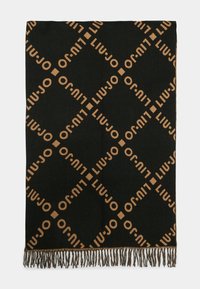 Coperta nera intrecciata con un motivo a rombi marroni ripetuto e la scritta "LIU JO." Rifinita con bordi frangiati per un tocco di texture in più.