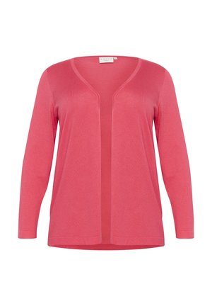 Lightweight, open-front cardigan in bright pink. Features long sleeves, a smooth texture, and a relaxed fit. No fastenings or patterns.