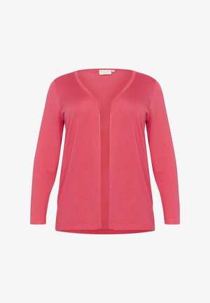 Lengvas, atviras kardiganas ryškiai rožinės spalvos. Turi ilgus rankovės, glotnų tekstūrą ir laisvą siluetą. Be užsegimų ar raštų.