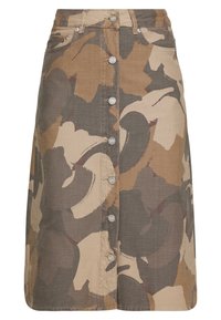 A knee-length, button-down skirt made from textured fabric featuring a camouflage pattern in earthy tones of brown, beige, and gray.