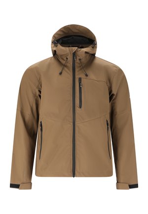 Brown hooded jacket with front zipper, zippered chest and side pockets, and adjustable wrist straps shown against white background.