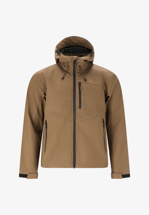 Veste marron à capuche avec fermeture éclair frontale, poches poitrine et latérales zippées, et sangles réglables aux poignets, présentée sur fond blanc.