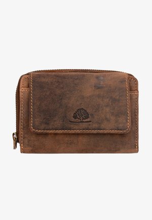 Brauner Leder Geldbeutel mit texturiertem Finish. Verfügt über einen vorderen Klappdeckel, ein geprägtes Logo und einen seitlichen Reißverschluss. Sichtbare Kontrastnähte. Kompaktes Design.