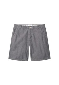 Pantaloni corti grigi realizzati in tessuto con una sottile texture. Presentano tasche frontali, una chiusura con bottone e gambe a taglio dritto.