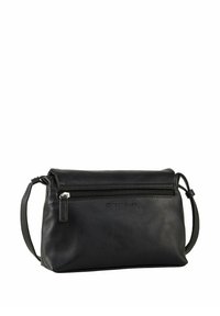 Černá kožená crossbody taška s hlavním oddílem na zip, plochým designem a nastavitelným popruhem. Obsahuje minimální akcenty a hladkou texturu.
