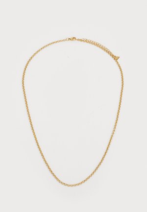 Gold metal necklace featuring a delicate chain design, with a subtle triangular accent near the clasp for added detail.